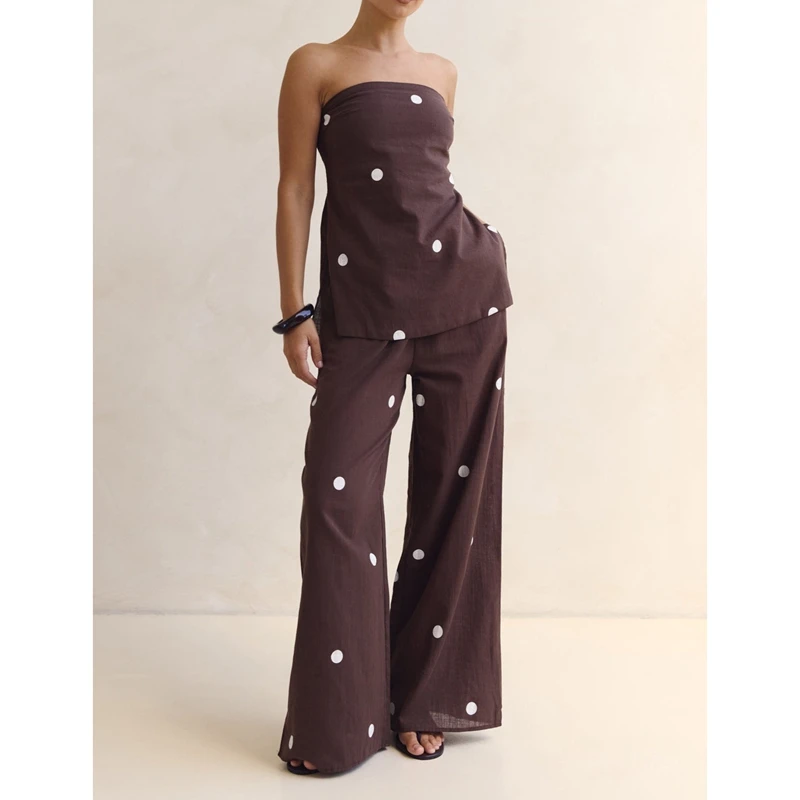 

Women's 2Piece Y2k Polka Dot Print Outfits Set Smocked Backless Strapless Tube Tops+Elastic High Waist Wide Leg Pants