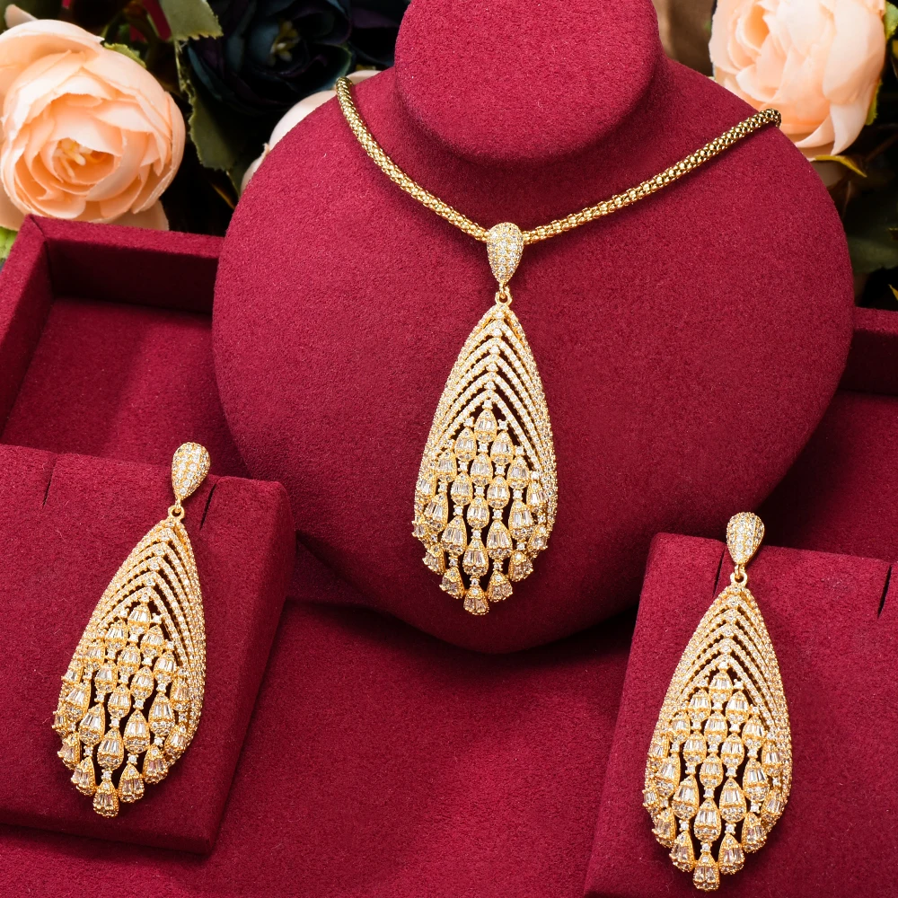 

Siscathy Saudi Arabic New Luxury Zircon Jewelery Set For Women Dubai Party Light Luxury Accessories Pendant Necklace Earrings