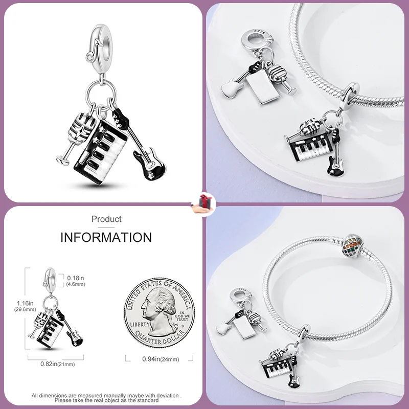 JEMusic-Perles de charme en argent regardé 925 pour bracelet Pandora original, série violon, bricolage, bijoux fins, cadeau exécutif