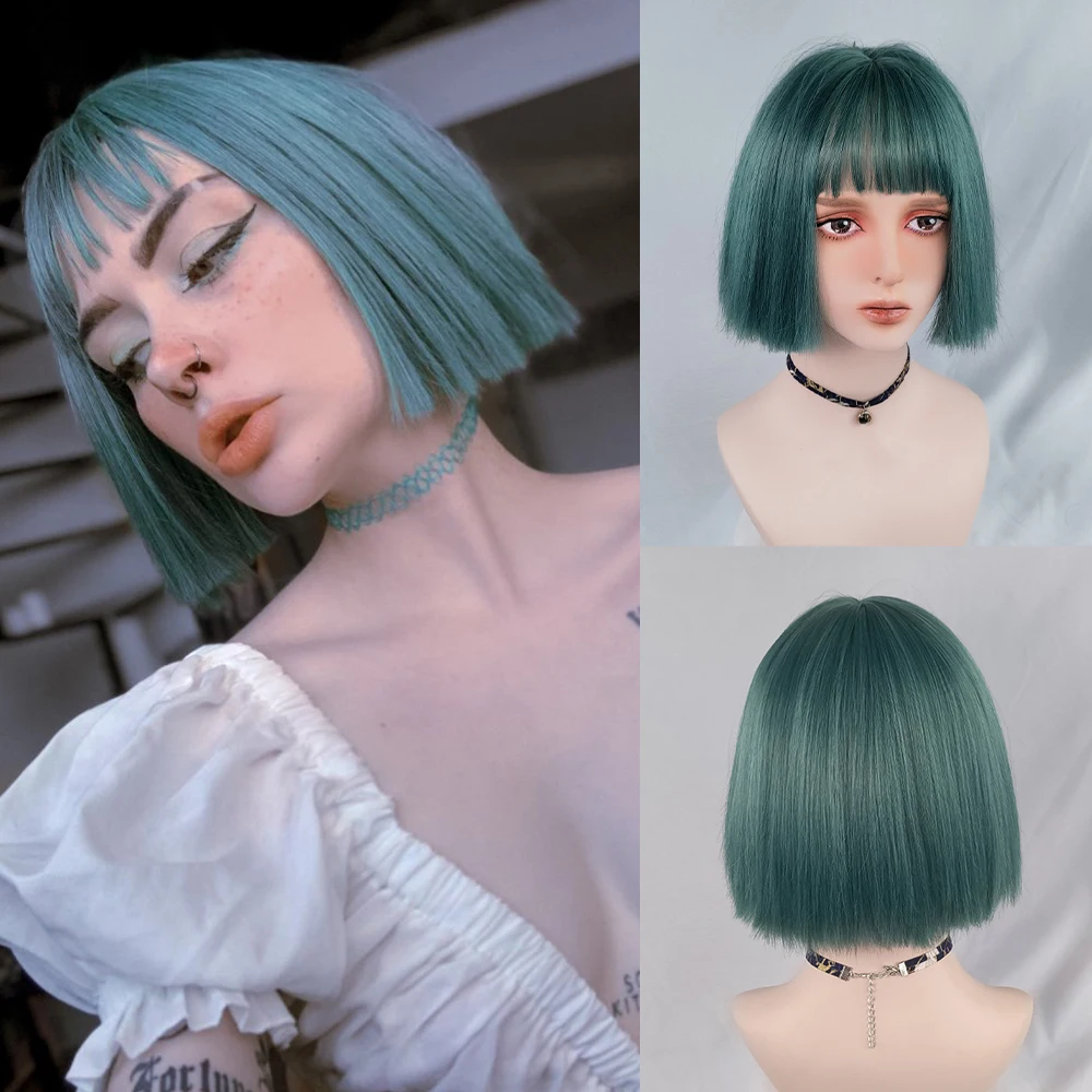 Perruque Lolita Synthétique Courte avec Frange pour Femme, Cheveux Lisses Vert Clair, Style BOB, Perruque Degré de Chaleur pour Cosplay 03/Party