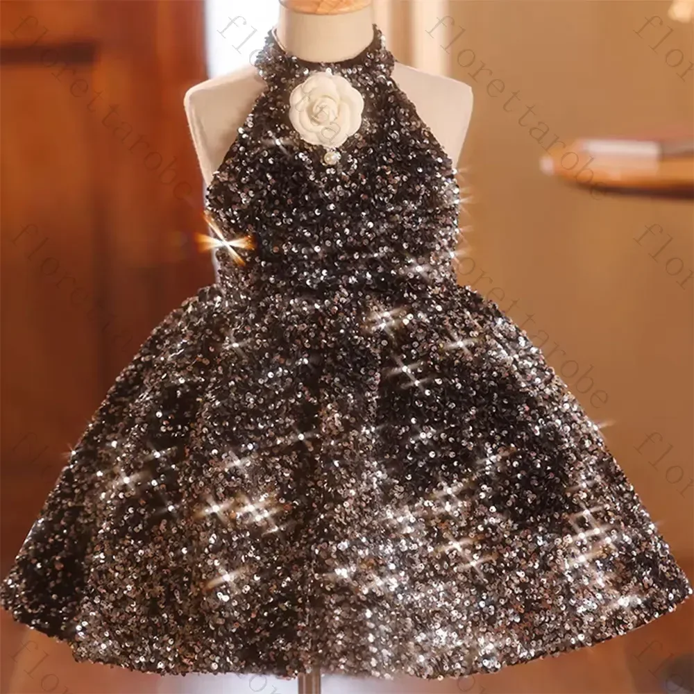 Customized Black Sequin Flower Girl Dress A Line Short Halter Neck Sleeveless Glitter 3D Flower Applique Wedding Kids Party Gown