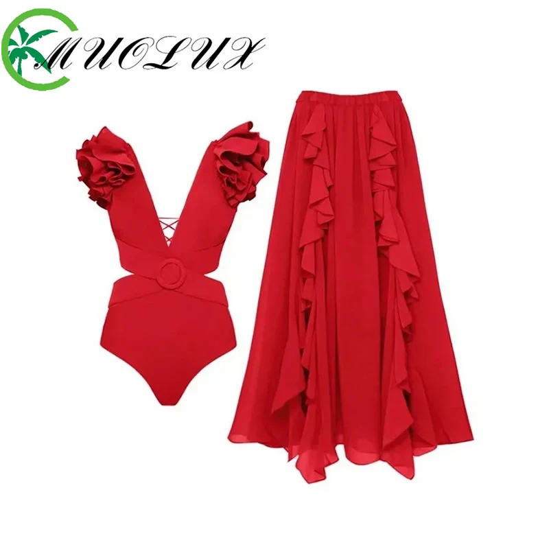 

MUOLUX 2024 New One Piece Swimsuit 3D Flower Shoulder Decoration Hollow out One Piece Swimsuit Umbrella Skirt Set