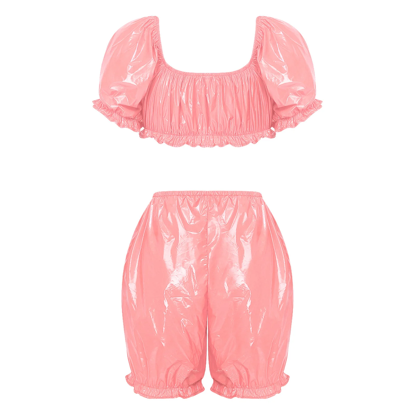 Wasserdichtes Damen-Pyjama-Set aus Vinyl mit Rüschen, zweiteiliger Badeanzug, kurzes Crop-Top mit Puffärmeln und V-förmige Bloomers-Shorts mit Taillenbund – Detail 9