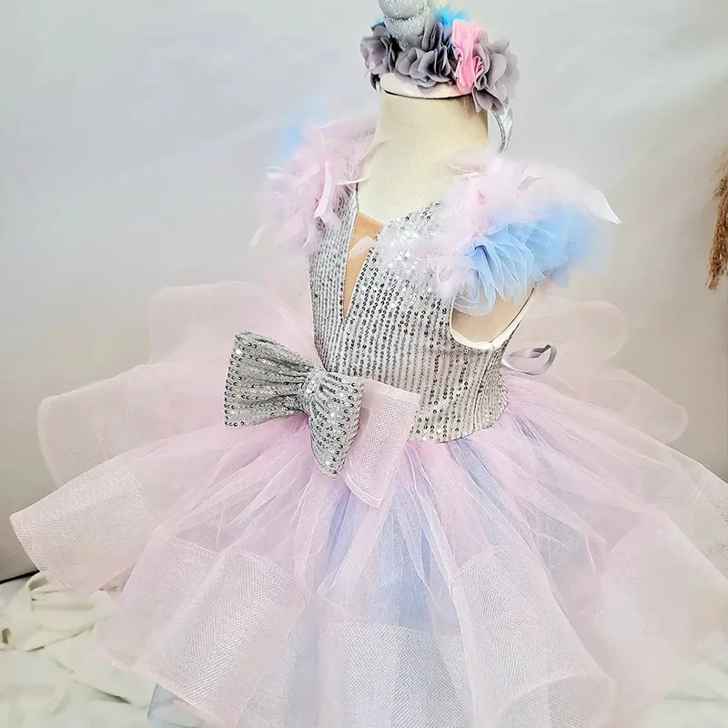 Rainbow Unicorn Ball Gowns for Kids Girl Infant Layered Tulle Bowknot Dress Children Birthday Pageant Formal Party Dresses