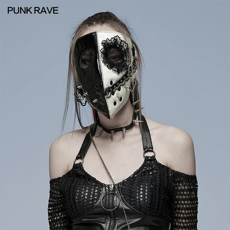 قناع لوليتا من الجلد اللامع باللونين الأسود والأبيض الداكن للنساء من PUNK RAVE، قناع وجه رائع لنادي الهالوين