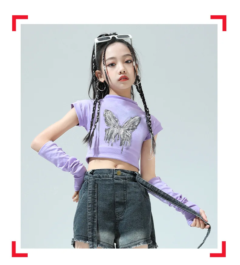 Mädchen Hip Hop Crop Top Overs leeve zerrissen Street Dance Shorts Kind süße T-Shirts Streetwear Jeans Kleidung Set Kinder Jazz Kostüm – Detail 16