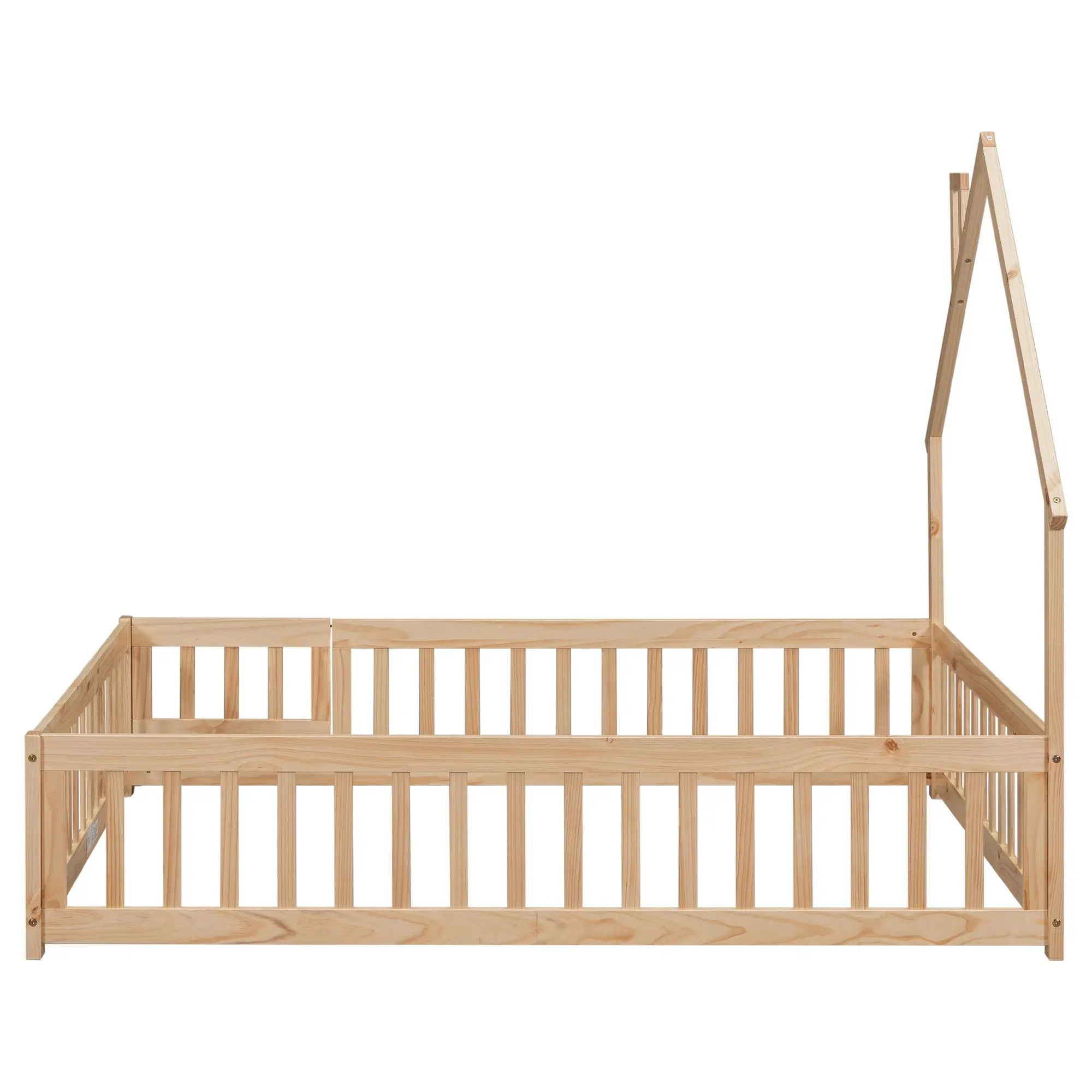 

Full House-Shaped Headboard Floor Bed with Fence,Natural