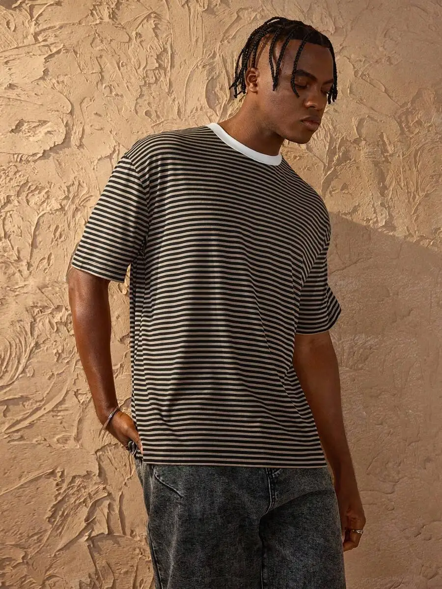 

Mens Relaxed Fit Striped Tee With White Ribbed Neckband