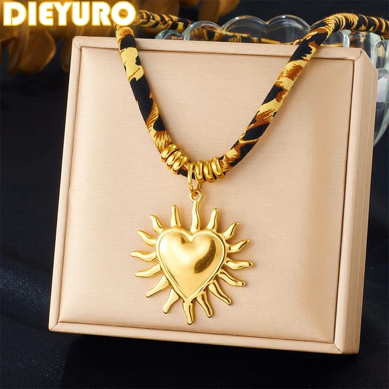 

DIEYURO Stainless Steel Golden Heart Sun Flower Pendant Vintage Trend Leopard Print Necklace Lady Waterproof Jewelry Gift