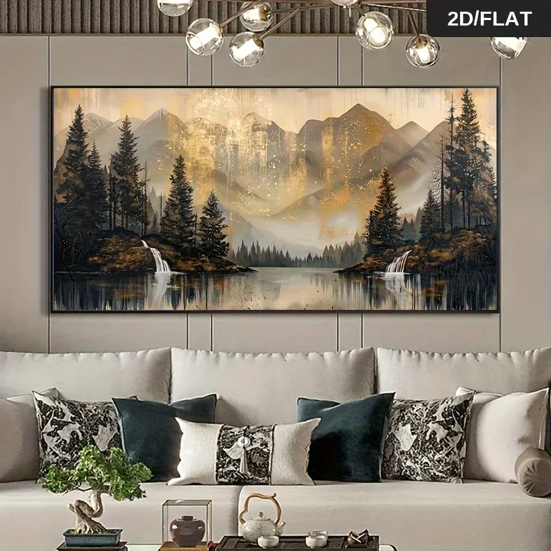 1pc frameless Canvas Painting 2Dflat,Frameless Modern Abstract Retro Forest Canvas Painting,Art with Pine Trees,Mountain Lakes a
