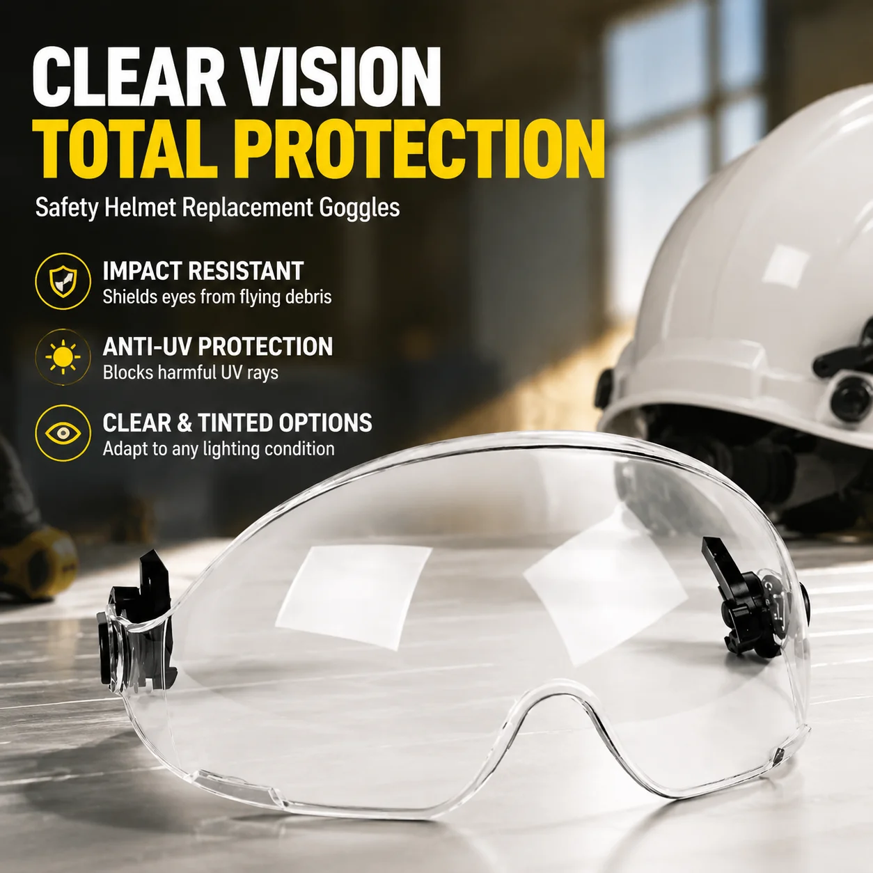 Safety Helmet Replacement Goggles, Impact-Resistant Clear & Tinted Anti-UV Visor, Polycarbonate Protective Eyewear for