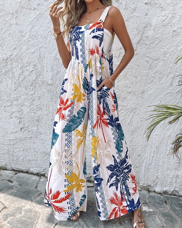 Plant Print Pattern Square Neck Suspender with Waist Cinching Loose Wide Leg Jumpsuit New Women's Fashionable Casual Summer Wear