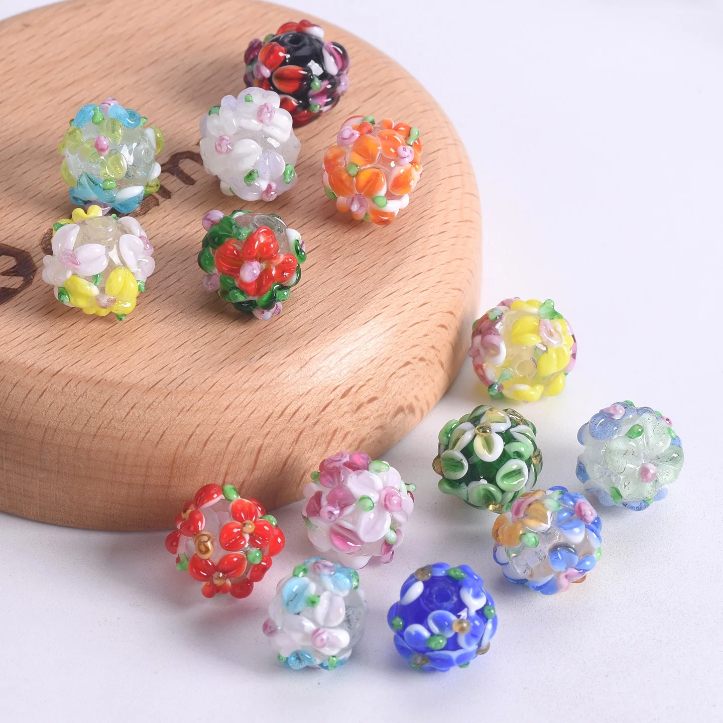 5pcs 12mm Round Charms Flower Petals Handmade Lampwork Glass Loose Beads for Jewelry Making DIY Crafts Findings