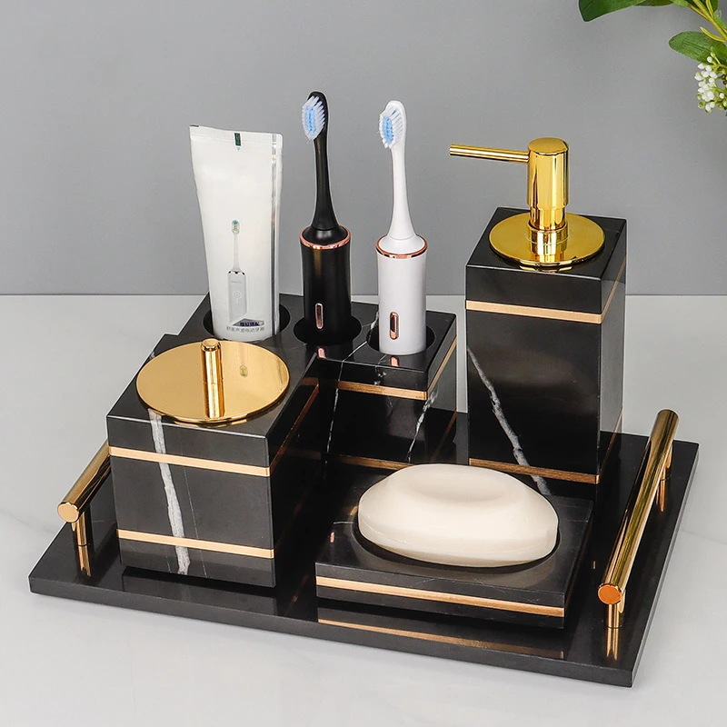 Imagem -03 - Nero Marquina Mármore Natural Acessórios do Banheiro Conjuntos Gold Luxury Soap Dispenser Toothbrush Holder Sabão Dish Kit Banheiro Preto