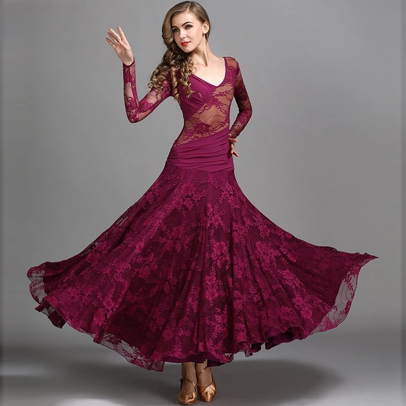 Modern dance skirt, big swing skirt, lace chiffon dress, national standard dance suit, waltz practice skirt.