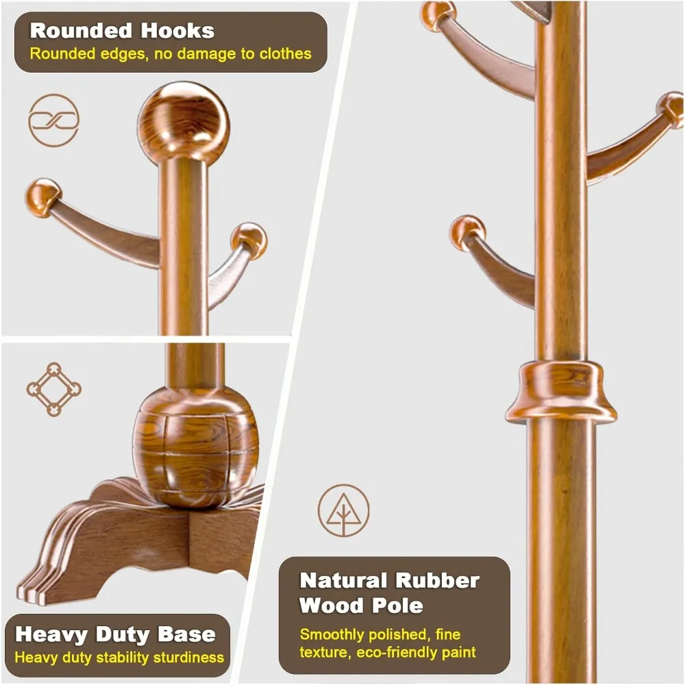 رف شجرة خشبي قائم بذاته بسبعة خطاف مع قاعدة كروية متينة وسعة 210 رطل