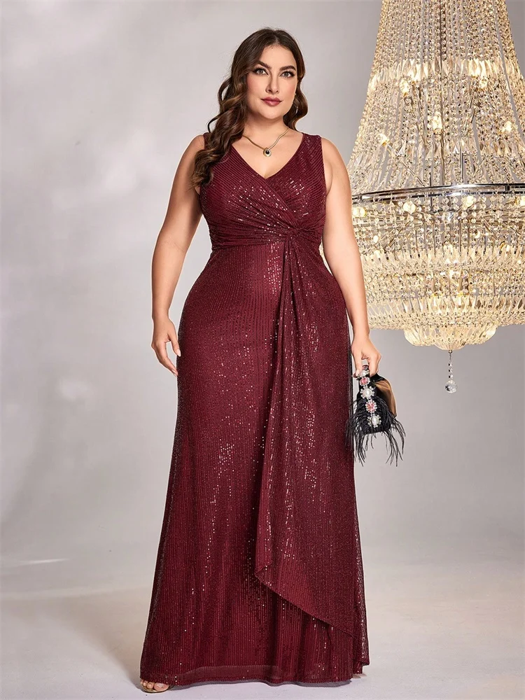 

Plus Size Luxury Red V-Neck Sequins Graduation Evening Dresses Women Elegant Mermaid Wedding Party Floor-length Cocktail Gowns