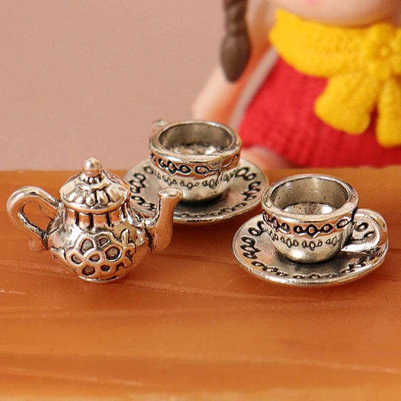 【K】1Set 1:12 Miniature Simulation Dollhouse Metal Teapot Cup With Saucer Kitchen Tableware For Doll Accessories Decoration Toy
