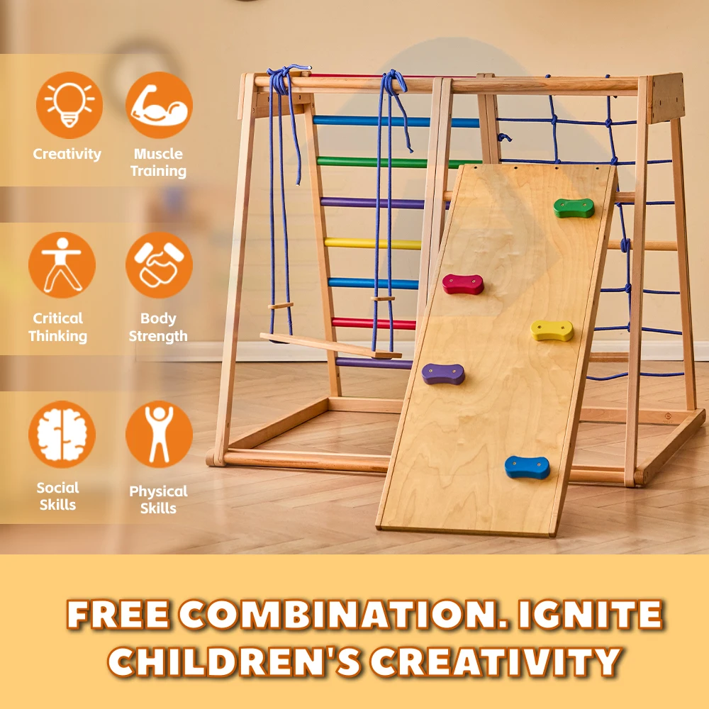Wooden Rainbow Climbing Frame Indoor Playground Indoors for Kids Activity Climber Ladder Swing Slide Play Structure Set