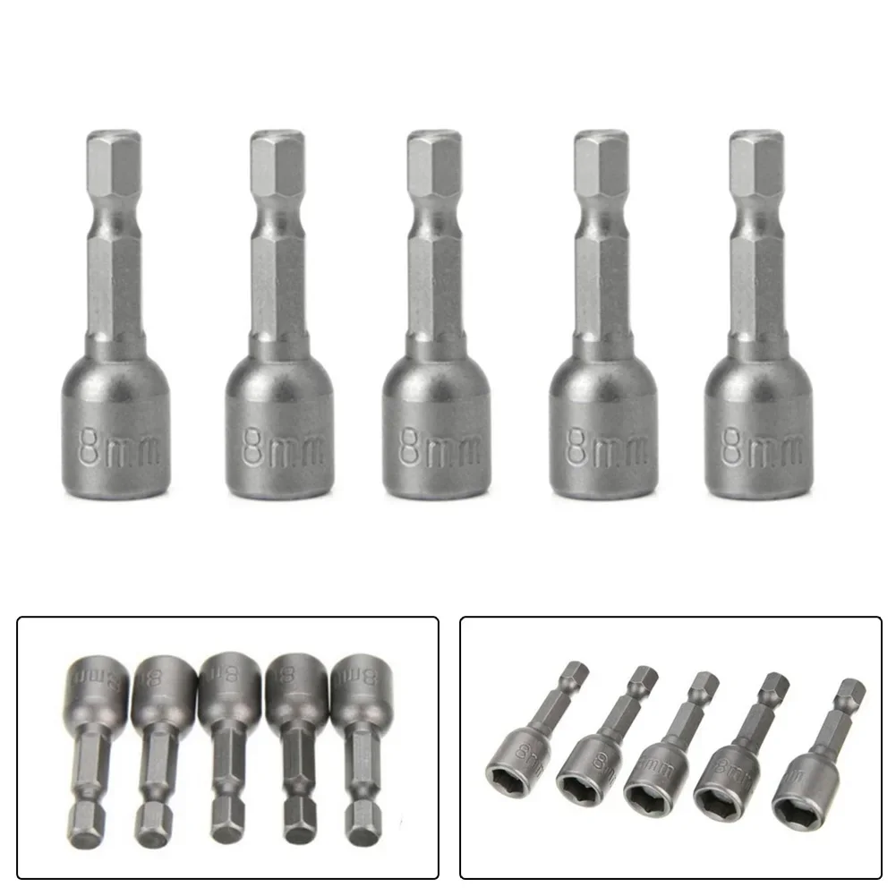 5pcs 8mm Socket Magnetic Nut Driver Hex Head Shank Impact Socket Power Drill Bit 1/4 Hex Shank Drill Bit Length 42mm Power Tool