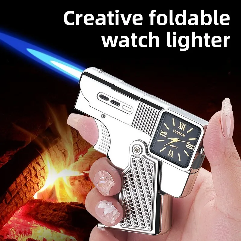 Cool Lighter Folding Watch Spray Gun Lighter Butane Torch Windproof Jet Blue Fire Metal Lighter Smoking Accessories Unique Gift