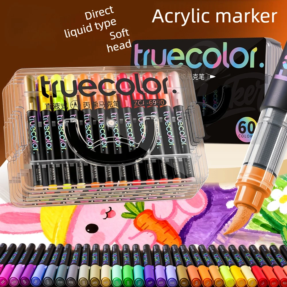 

24 Acrylic Markers With Case Direct Ink Soft Tip Non Toxic Odorless Quick Dry Waterproof For Students Professional Sketching Art