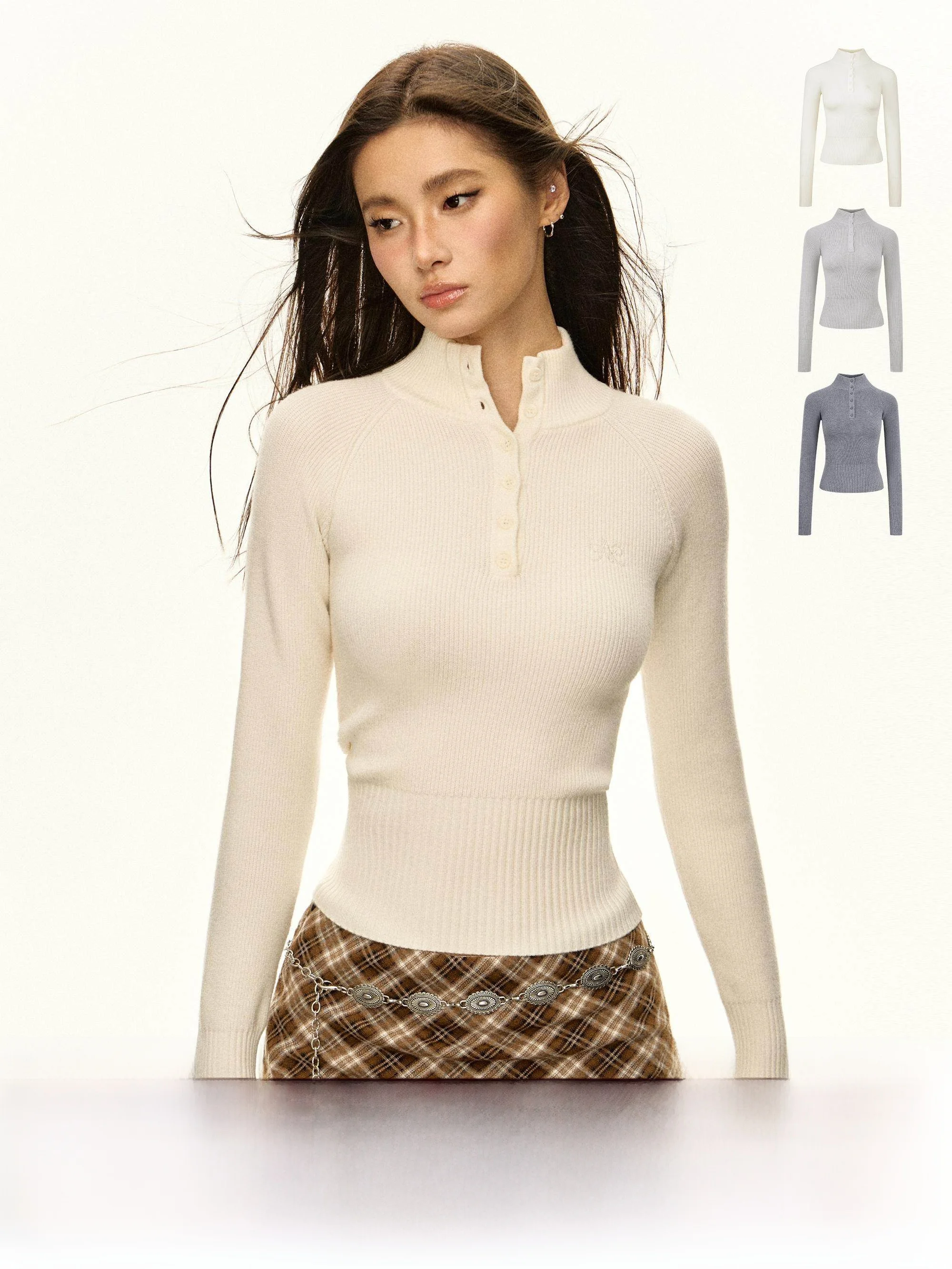 

Ariseism Women's Slim Fit Knitted Long Sve irt Button up f High Collar Base Layer Top Street Sle Autumn 2024 New Ar...