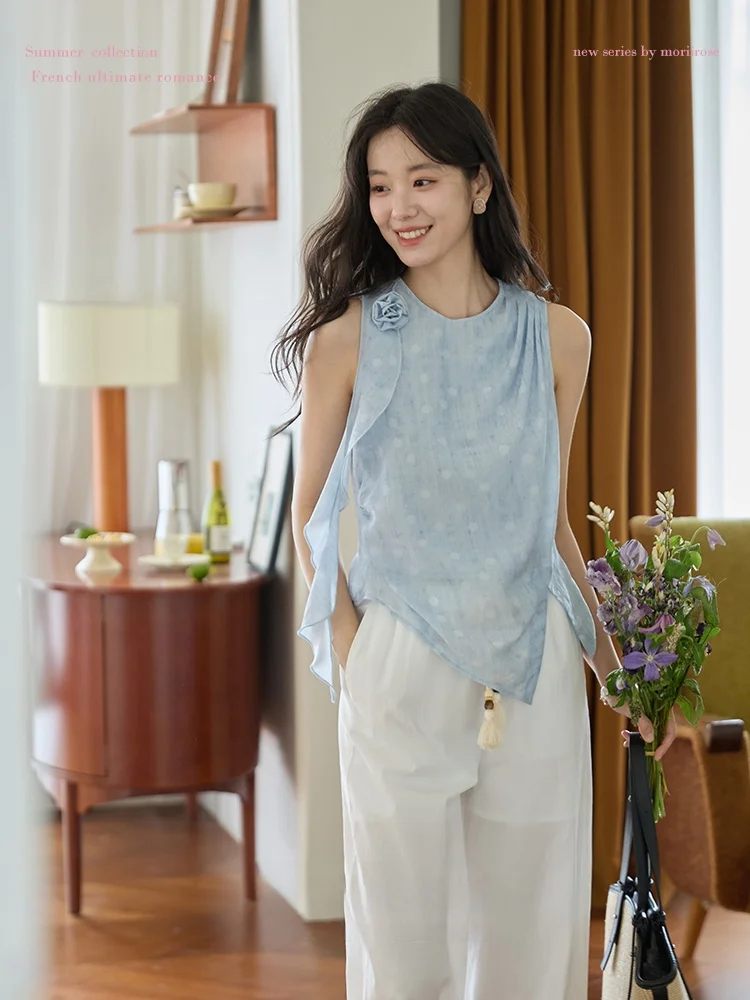 

Moriirose Blue Floral Sa Svel round Ne Vest Women's Summer Vintage Design Ele Top Asymmetrical Commute Sle ...
