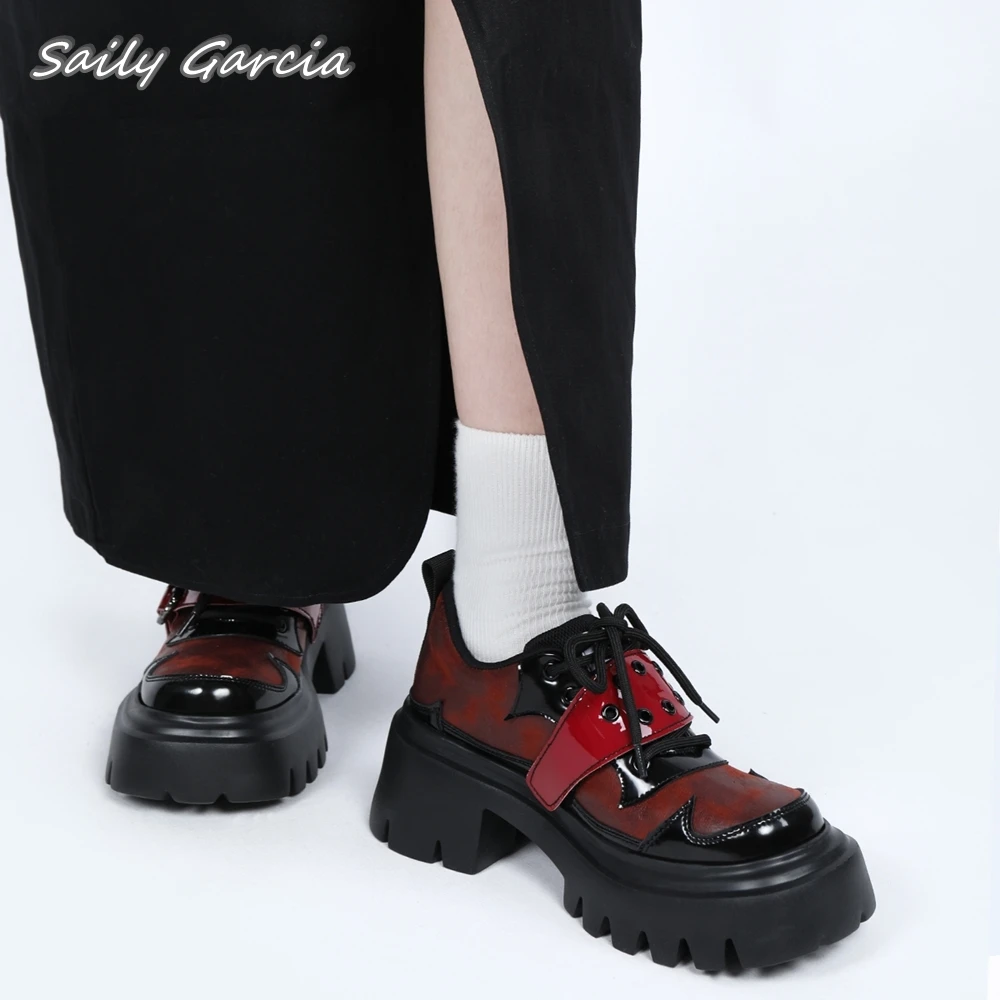 [Demon's bloodbloodoriginal desain Glossy Chunky Heel seksi sepatu bot sepergelangan kaki sepatu kasual gaya Punk Sfumato 2024 sepatu Platfom jari bulat