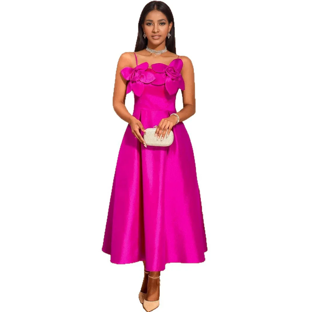 مثير الحمالات 3D زهرة حزب اللباس مأدبة العباءات عالية الخصر ألف خط أكمام الطيات عيد الميلاد امرأة فساتين السهرة