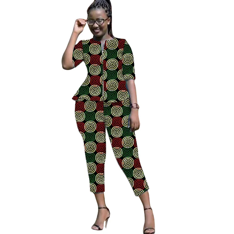 

Women Zipper Shirt Patch Cropped Trouser Nigerian Fashion Half Sleeve Tops With Pants Ankara Outfits African Wedding Wear