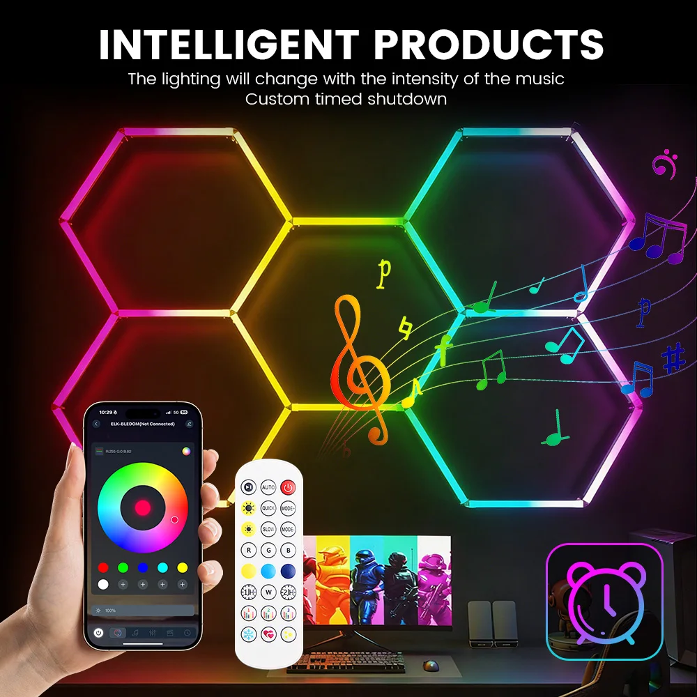 Smart RGB Honeycomb Hexagonal LED Lights with Music Function for Mobile Remote Control, Suitable for Gaming and Esports Rooms