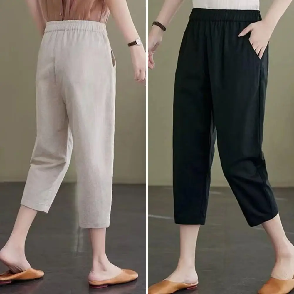 Calça com harém de meia panturrilha feminina, cintura elástica, monocromática, bolsos, solta, elegante, casual wear, verão