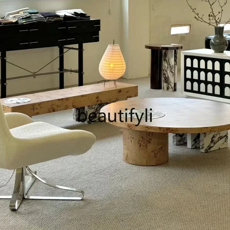

Asmt14 New Rock slab round coffee table light luxury modern high-end combination solid wood coffee table tea table