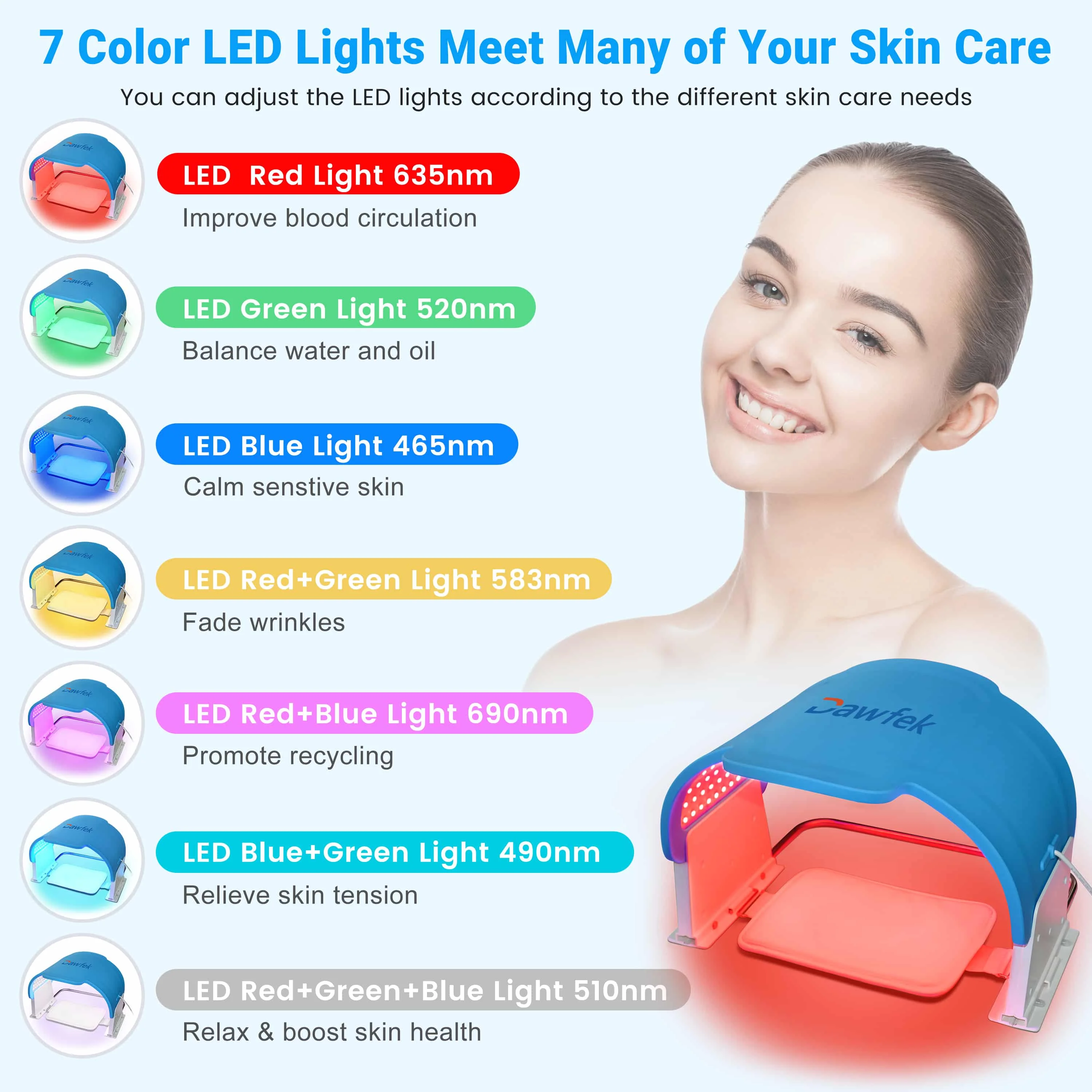 Dawfek Phototherapie-LED-Gesichtsmaske, Lichttherapie-Lampe, 7 Farben, 990 Perlen, Anti-Aging, Akne, Hautverjüngung