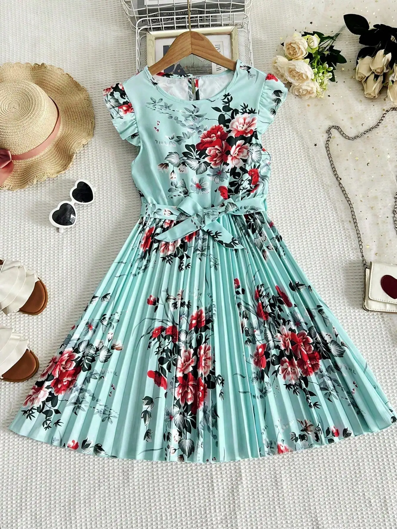 Girl's retro elegant printed lotus sleeve mid length dress+belt, elegant pleated princess dress, can be used as a gift   1