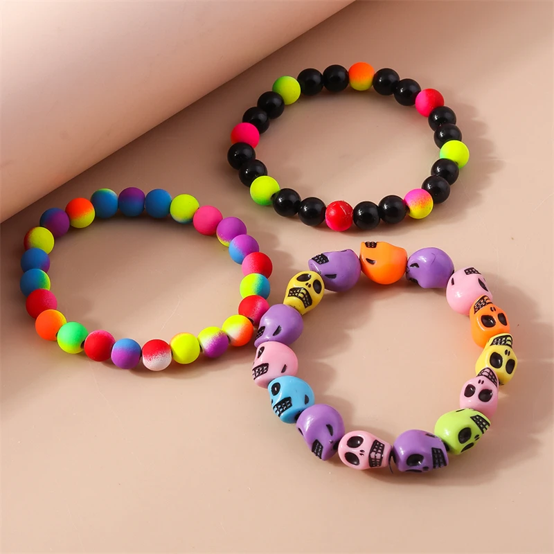 Fashion Colorful Skull Beads Bracelet for Women Adjustable Elastic Handmade Beaded Bracelet Girls Party Holiday Jewelry Gifts