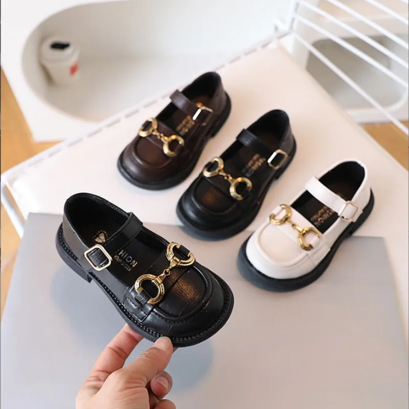 Baby Girls Leather Shoes Spring Kids Black Cool Metal Chain Children's Fashion Beige Hollow Out Dress Princess Shoes Mary Janes