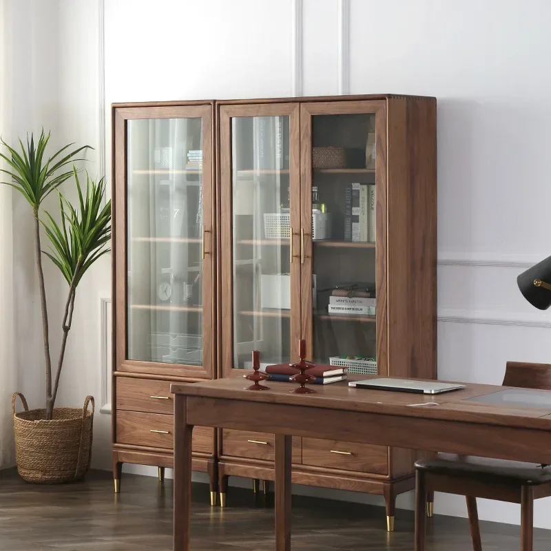 Nordic black walnut bookcase, simple modern glass door, white oak shelf storage 3