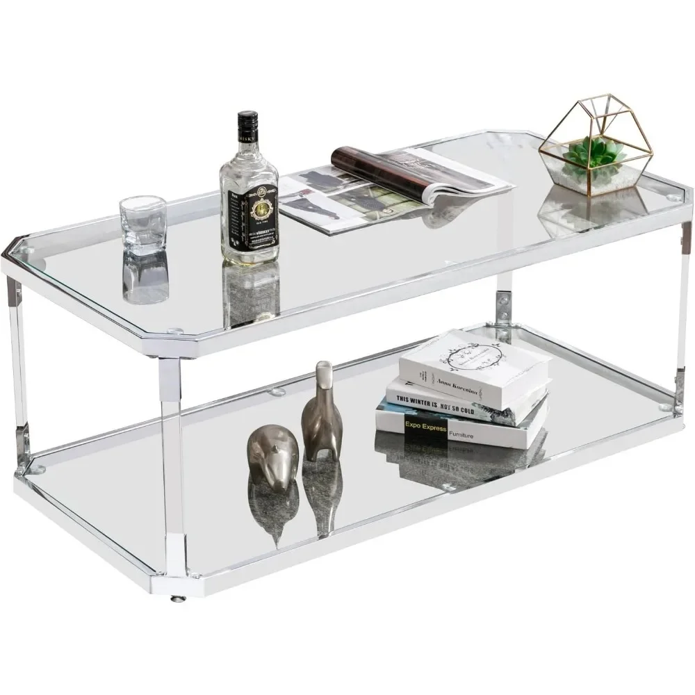 Glass Coffee Table, Clear Coffee Table with 2 Tiers, Acrylic Leg, Chrome Frame, Rectangular Center Table for Living Room