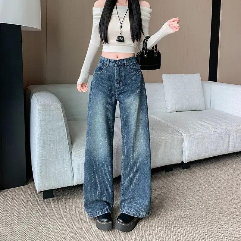 Y2K Jeans Meteor Shower Heavy Industry Hot Drilled Wide Leg Women Spring High Waist Skinny Denim Pants
