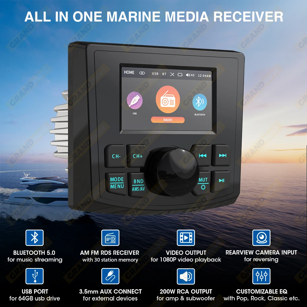 Grandnavi barco estéreo marinho mp5 player de rádio à prova dwaterproof água ipx5 aux bluetooth fm am rds áudio para iate calibre atv utv suv carrinho spa