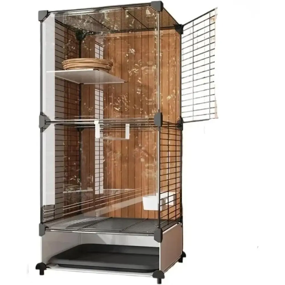 

Большая горизонтальная металлическая клетка для птиц с гнездом и колесом для попугаев - черная