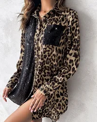 Sexy Contrast Sequin Leopard Print Dresses for Women Long Sleeve Colorblock Pocket Design Shirt Dress Lady Nightout vestidos