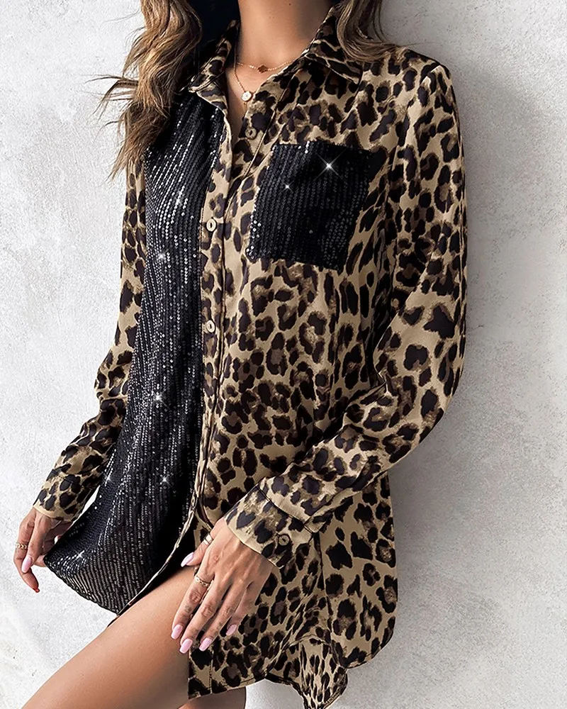 Sexy Contrast Sequin Leopard Print Dresses for Women Long Sleeve	Colorblock Pocket Design Shirt Dress Lady Nightout vestidos