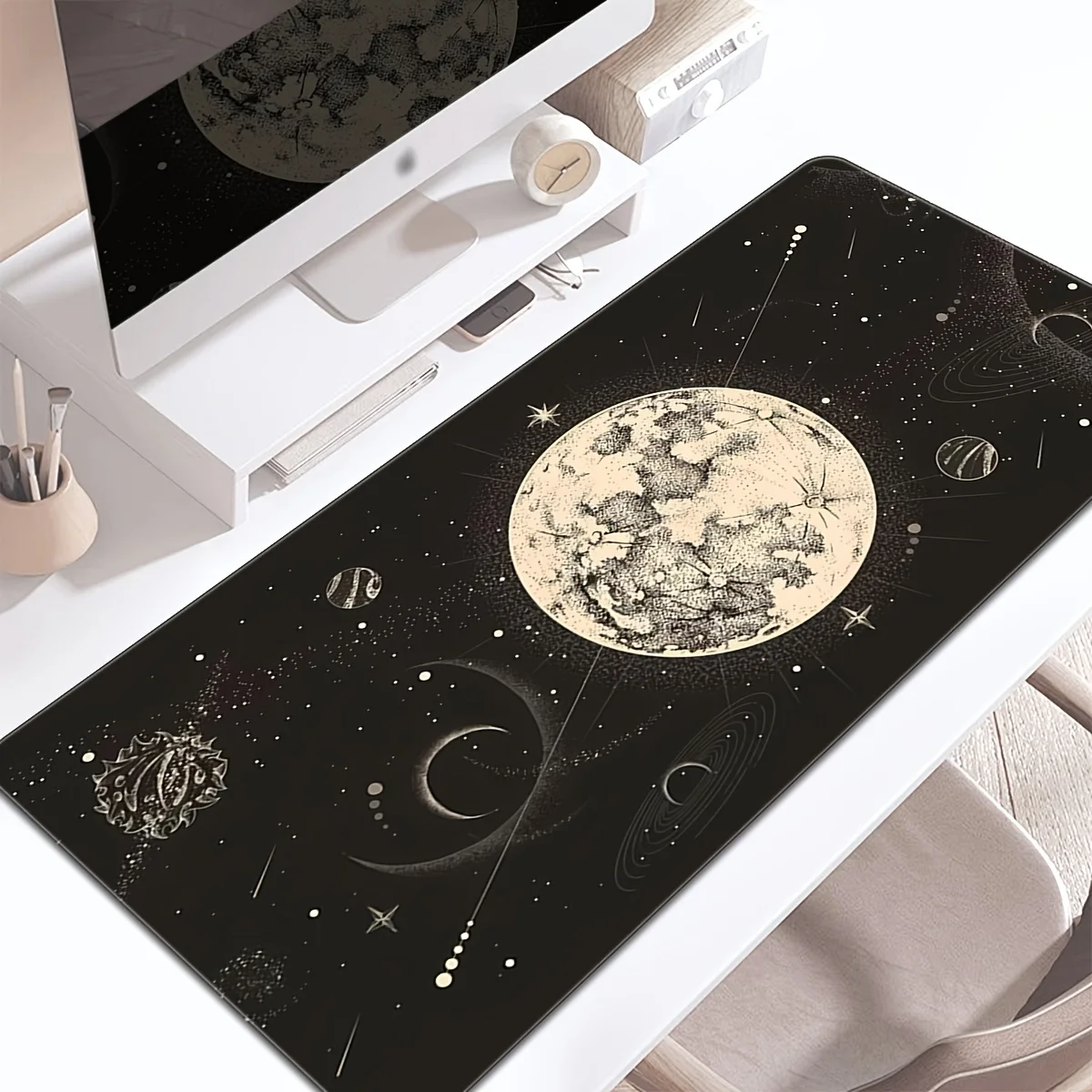 1pc Extra Large Gaming DeskMat Space-Themed Mousepad Desk Pad with Moon & Stars Non-Slip Rubber Computer Keyboard Mouse Mats