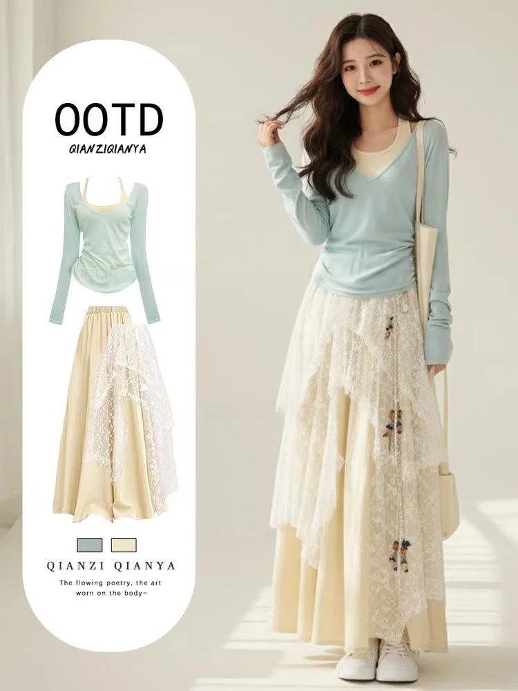 

Spring Summer Korean Sle Dopne Set Women Anti-Aging Long Sve Top Overlap Strap Slimming Casual Wide Leg Pants Tee P...