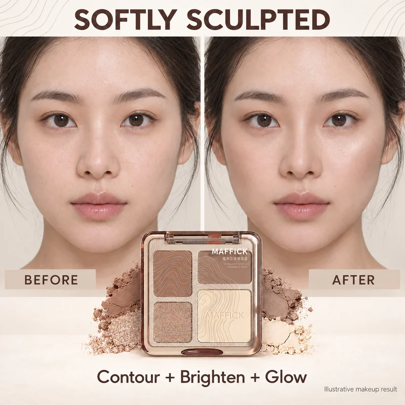 MAFFICK 4-Color Contour Highlighter Palette Matte & Shimmer Face Powder Makeup Compact for Sculpting, Brightening & Natural Glow