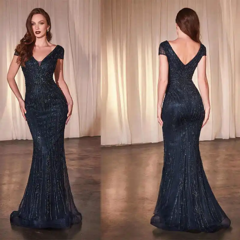 

Glitter Evening Dresses Short Sleeves V-neck Sequin Beading Crystals Formal Prom Party Graduation Gowns Customized