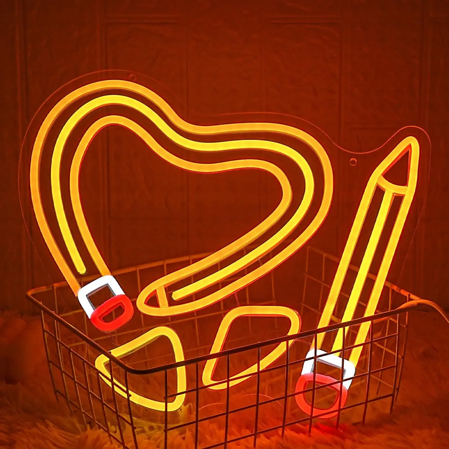 Heart Pencil Neon Sign Orange Warm LED Wall Art Acrylic USB Powered Dimmable Light Decor for Creative Study Room Home